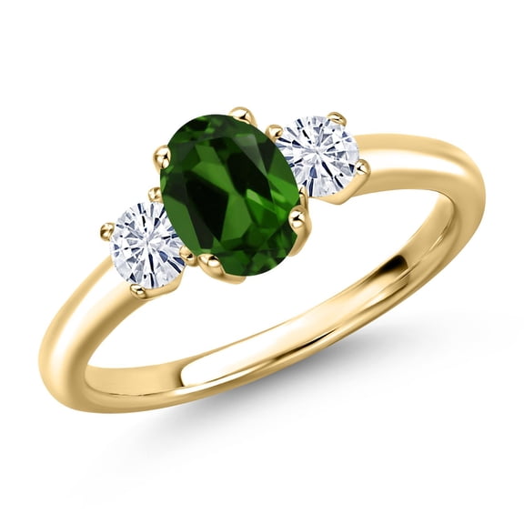 Gem Stone King 10K Yellow Gold Green Chrome Diopside and White Moissanite Engagement Ring for Women | 1.02 Cttw | Oval 7X5MM | Gemstone Birthstone | Size 6