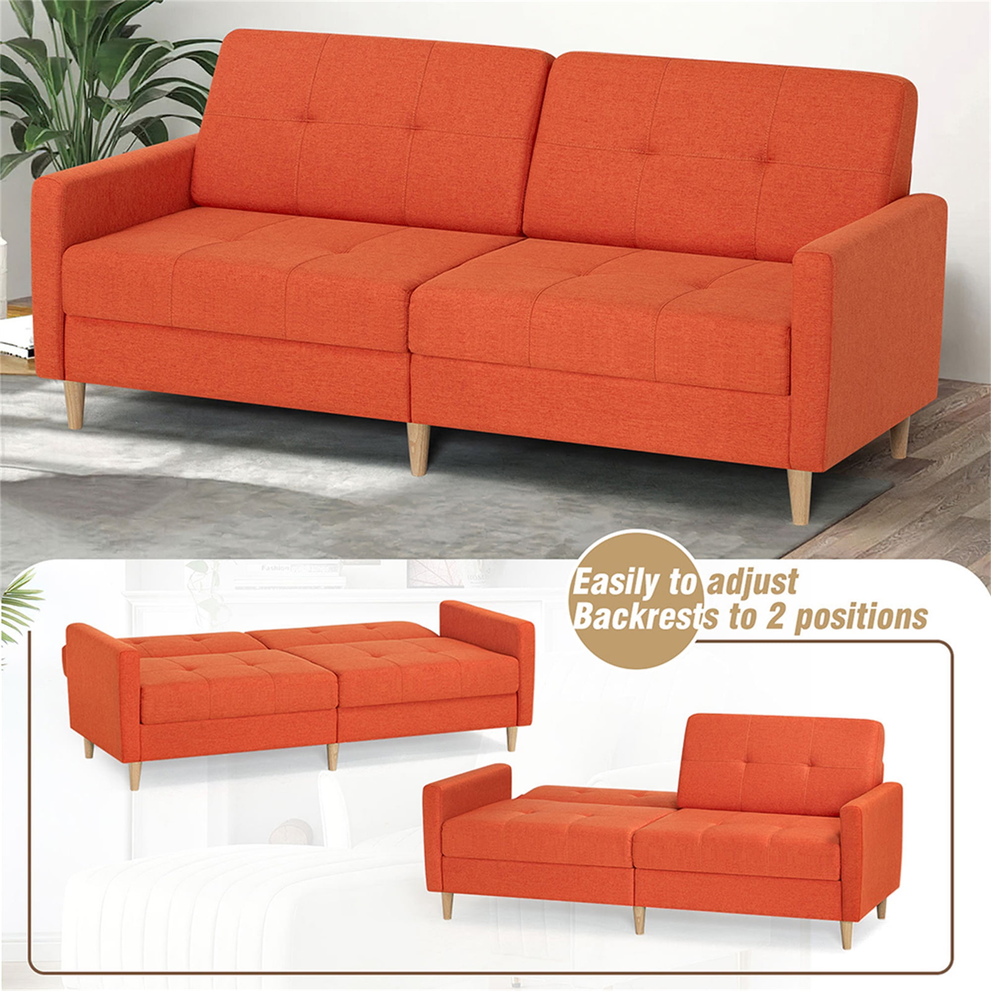 Kadyn Loveseat Sofa Bed, Mordern Convertible Sofa with Adjustable Backrest and Wooden Legs, 2-Seat Couch for Bedroom, Orange