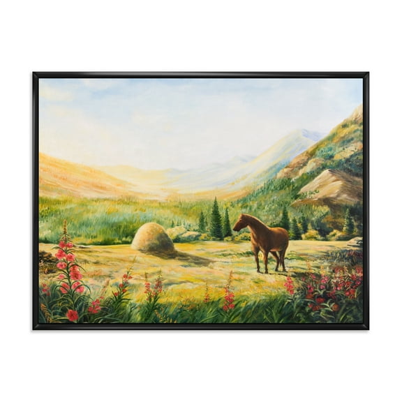 Designart 'Sunrise In The Mountains With Horse' Farmhouse Framed Canvas Wall Art Print