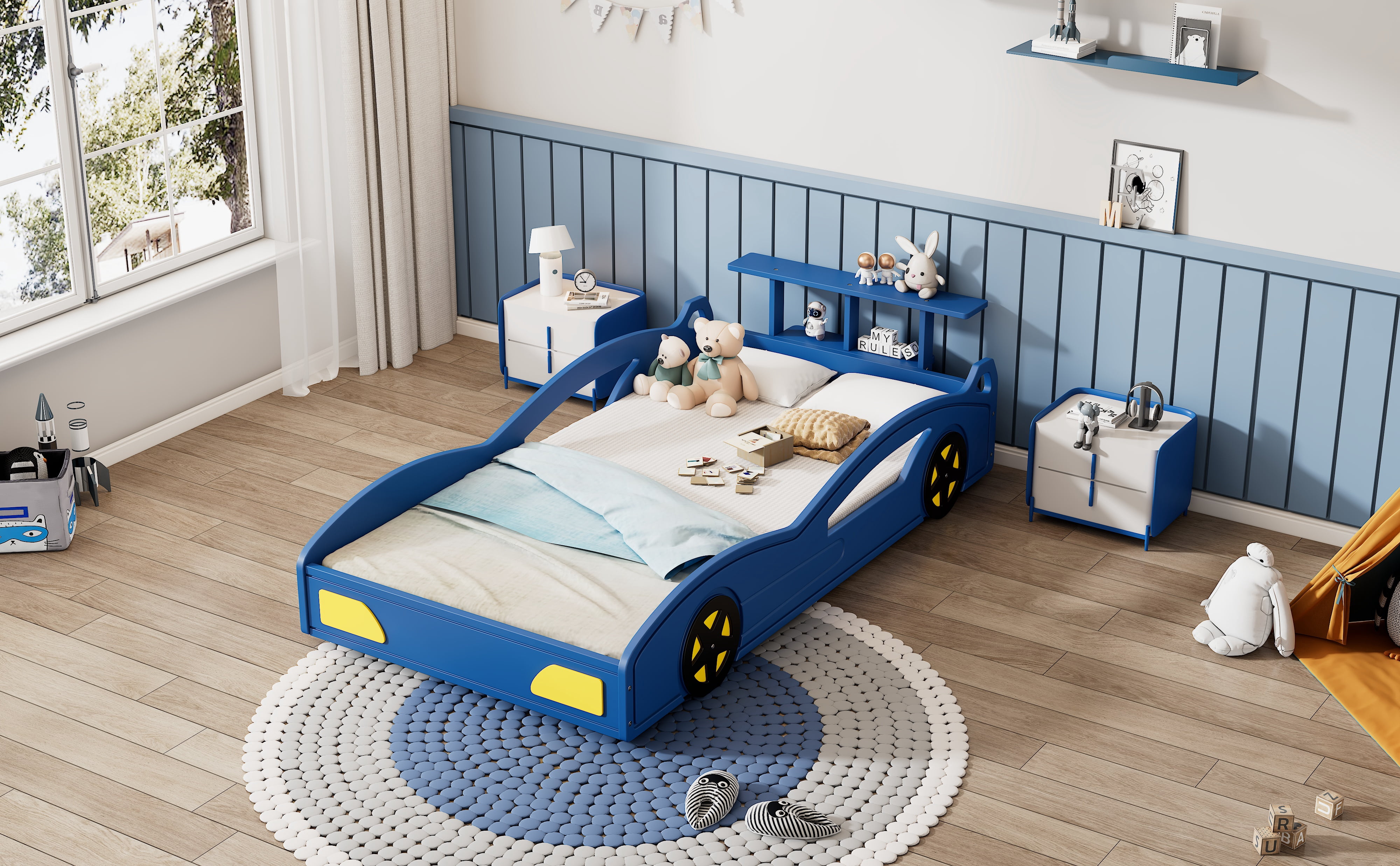 MAYEERTY Twin Wooden Race Car Bed with Wheels for Teens' Bedroom Blue & Yellow