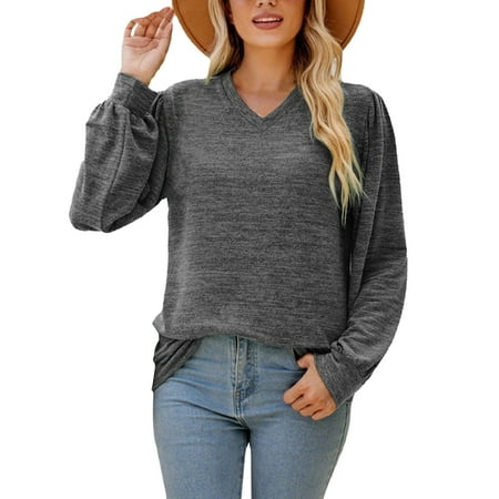 

Qufokar Womens Long Sleeve Undershirt for Scrubs Large Women T Shirts Women S Loose Casual Solid Color Bubble Sleeve V Neck Long Sleeve Tops