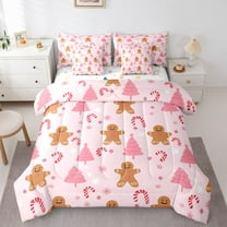 Feelyou Gingerbread Man Kids Bedding Comforter Set 7 Pieces, Kawaii Xmas Tree Full Bedding Set, Girly Pink Christmas Reversible Fitted Sheet Flat Sheet, Lightweight Room Decor