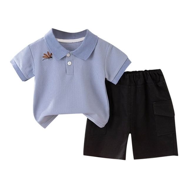 Odeerbi 1-7 Años Conjunto de Verano Para Niños Camiseta de Manga Corta Con Cuello Abotonado de Algodón Pantalones Cortos Conjunto de Dos Piezas