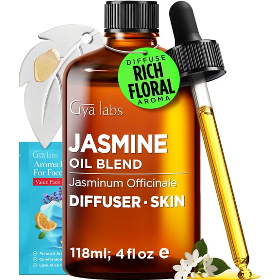 Gya Labs Jasmine Essential Oil with Aromatherapy stone - Indian Floral Scent for Diffuser, Skincare, Hair Care & DIY - 4 fl oz