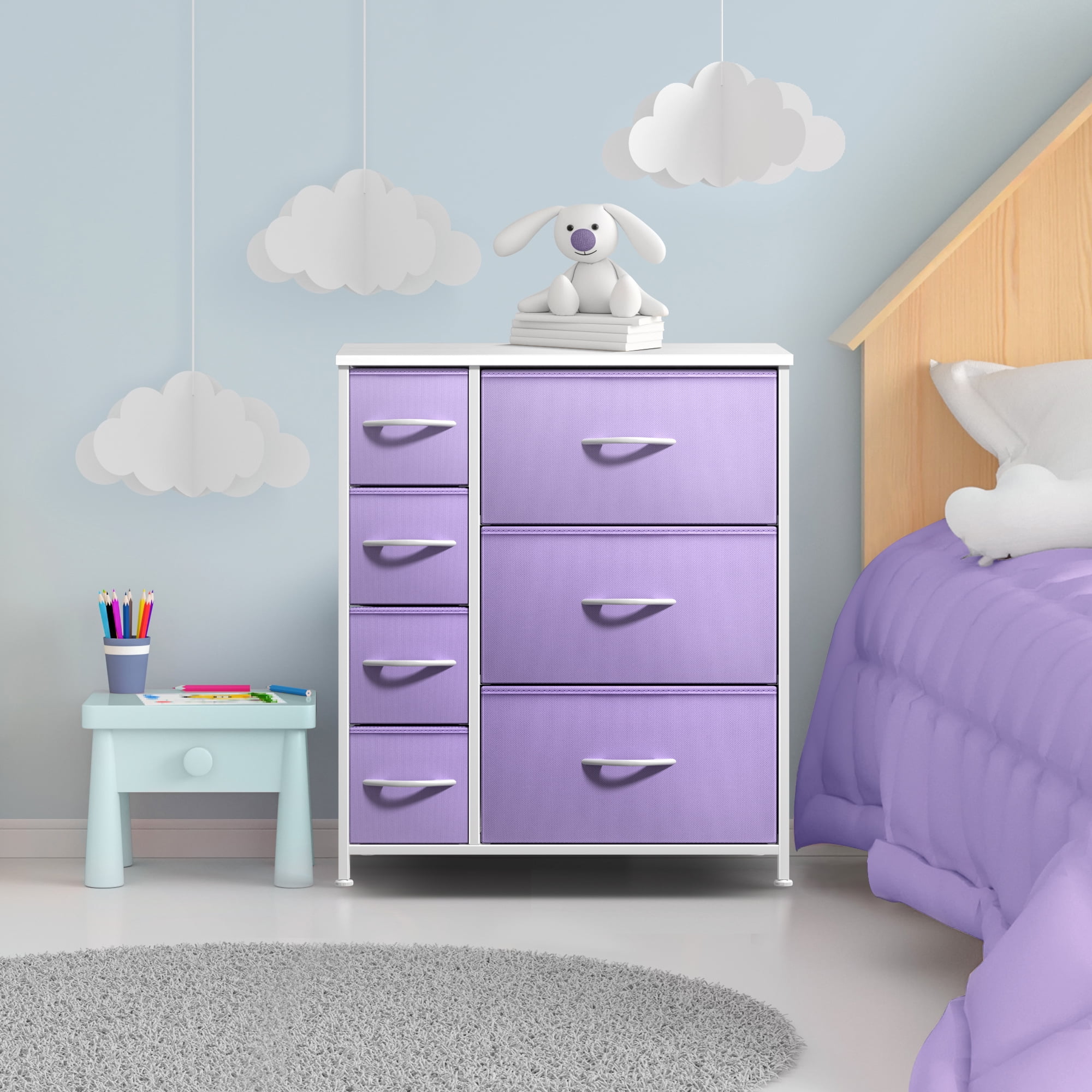 Sorbus 7 Drawer Dresser Storage Chest for Kids Bedroom with Fabric Bins Purple