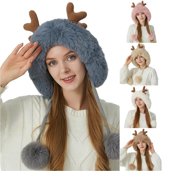 XIAOCHA Antler‑Accent Fur‑Trim Trapper for Women Solid Party Fall‑Winter Headwrap,Grey
