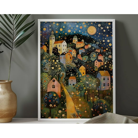 Gustav Klimt Village Night Print, Gustav Klimt Poster, Klimt Exhibition Poster, Klimt Moon Stars Tree Art, Housewarming Gift For Art Lover Wall Art, Modern Wall Decor, 8x12 UNFRAMED