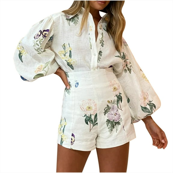 JingHai Womens 2 Piece Outfit Hawaiian Long Sleeve Button Down Shirt and Shorts Tracksuit Lounge Set Beige XL