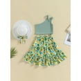 thumbnail image 3 of Toddler Girls Summer Outfit Sets Solid Color Sleeveless One Shoulder Tops Floral Skirt With Hat, 3 of 8