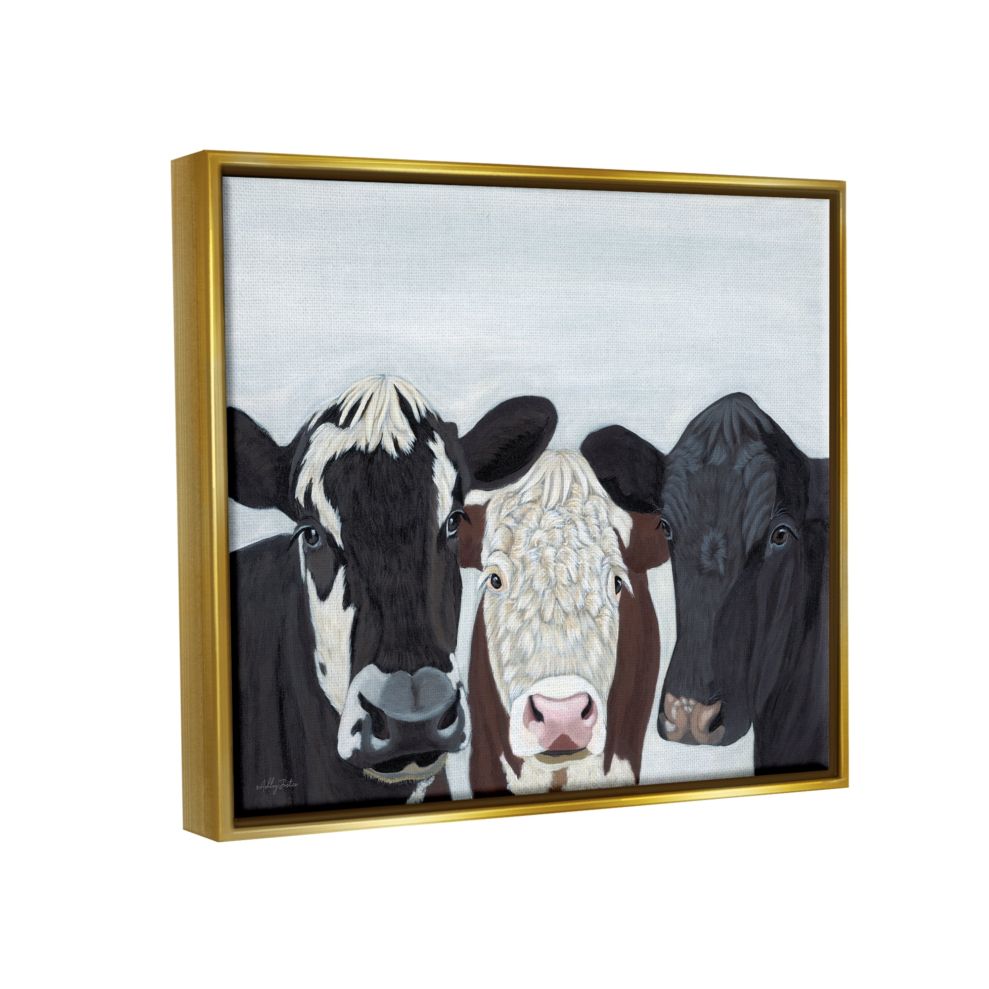 Stupell Three Cows Fun Farmhouse Portrait Animals & Insects Painting Gold Floater Framed Art Print Wall Art