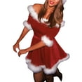 thumbnail image 3 of Women's Autumn Winter Christmas Plush Dress, Half Sleeve Off Shoulder A-Line Short Dress, 3 of 9