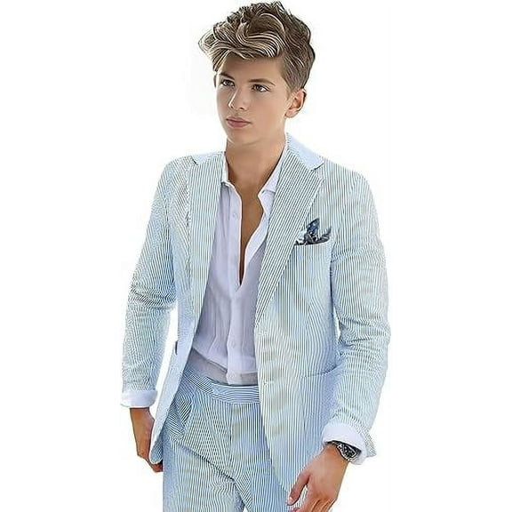 Mosedou 2Pcs Tuxedo for Boys Seersucker Suit Slim Fit Formal Dress Boys Ring Bearer Suit Wedding Summer Beach Suit Wedding Prom Tuxedo Striped Blazers