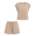 thumbnail image 5 of Girls 2 Piece Outfits Set Solid Color Round Neck Short Sleeve Top and Drawstring Shorts Set Summer Casual Loungewear Comfortable Clothing Sets with Pockets, 5 of 10