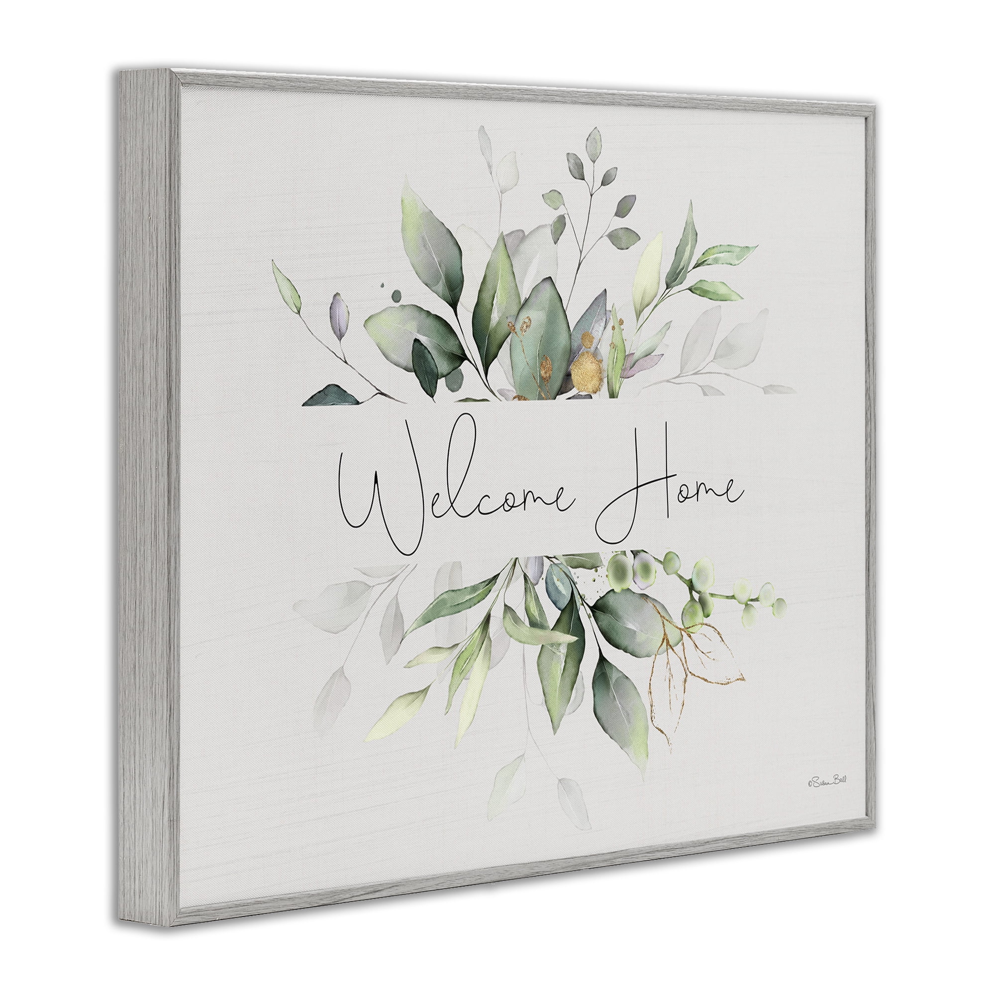 Stupell Industries Soft Leaves Welcome Botanical & Floral Painting Gray Framed Art Print Wall Art, 14 x 11