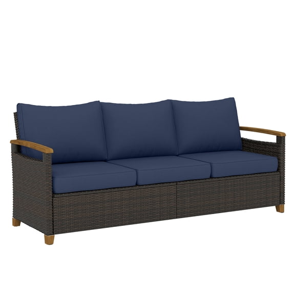 3 Seater Outdoor Sofa, PE Wicker Patio Couch, Wide Seat, 4" Cushions, Wood-Effect Armrests, Dark Blue