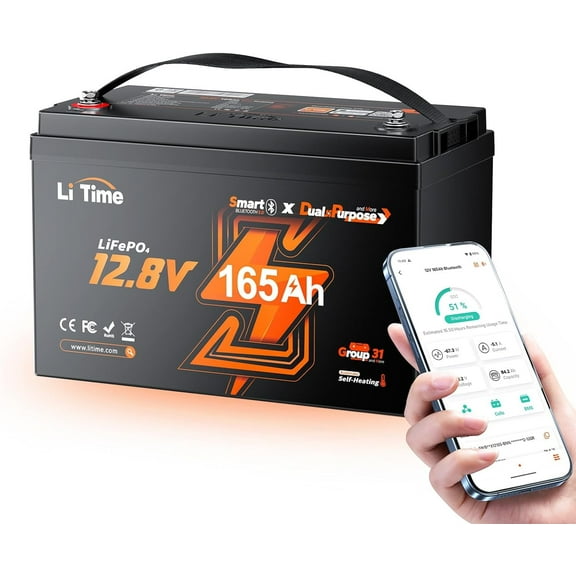 LiTime 12V 165Ah Dual Purpose Lithium Marine Starting & Storage Battery (1200CCA), Group 31 Deep Cycle LiFePO4 Cranking Battery for Boat, Compatiable with Mercury, Honda, Suzuki, Evinrude