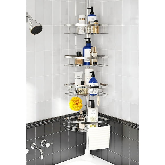 SEIRIONE Organizador de esquina de ducha inoxidable para baño, 4 estantes ajustables con barra de tensión, para bañera, champú, accesorios de almacenamiento, 39.2 a 113 pulgadas de altura