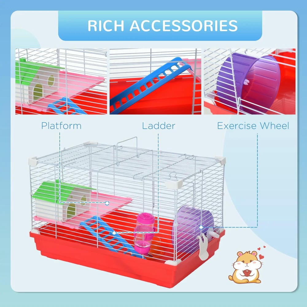 GVN Hamster Cage, Small Hamster Habitat,18.5" Hamster Cage with Exercise Wheel and Water Bottle, Dish, Rat House and Habitat 2-Story Design, Red