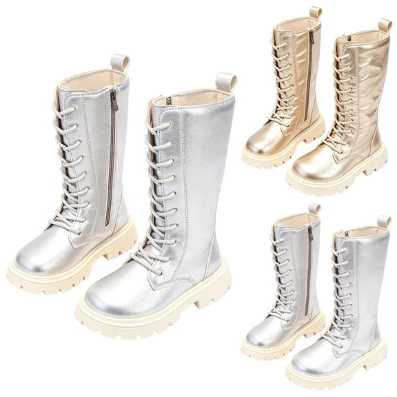 YUANxueke PU Leather Lace Up Knee High Boots for Girls Side Zipper Fashion Shiny Metallic Punk Boots