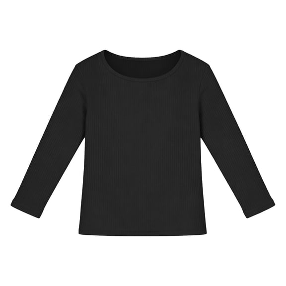 LIJCC Ribbed Round Neck Top, Children's Girl's T-Shirt, Slim Fit Casual Basic Top Long Sleeved Shirt Pullover(Black,9-10 Years)