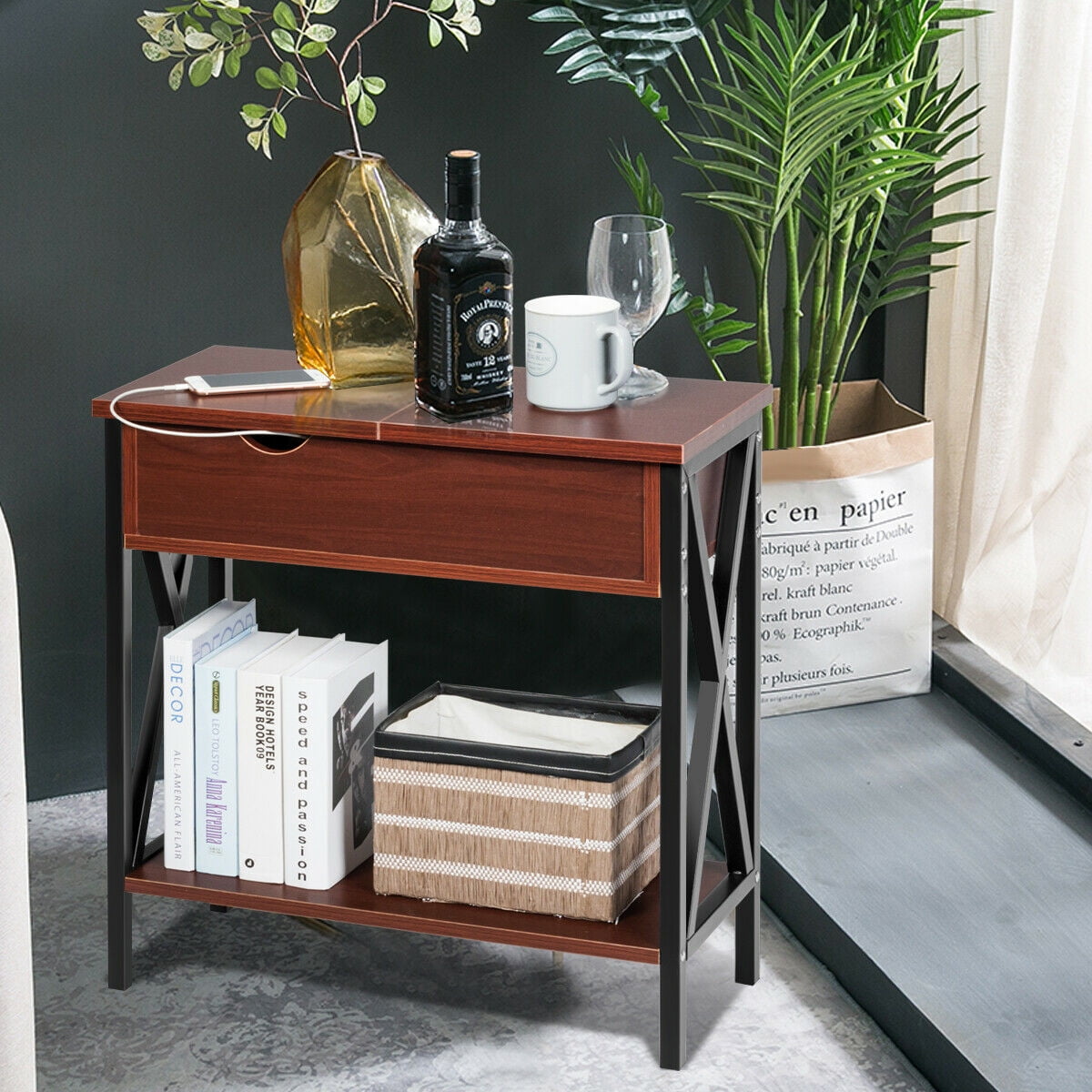 Gymax Flip Top End Table Sofa Side Console Table W/Shelf Hidden Hinged