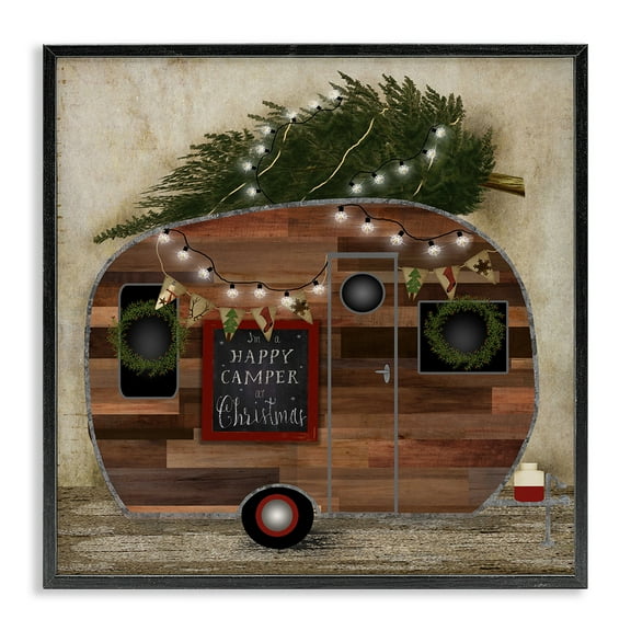 Stupell Industries Happy Camper At Christmas Holiday Painting Black Framed Art Print Wall Art, 12 x 12