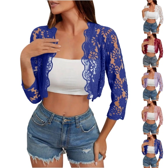 Wiyuqeen Lace Shrug for Women 3/4 Sleeve Floral Hollw Out Bolero Cardigans Open Front Elegant Crop Cardigans Wedding Guest Shrug