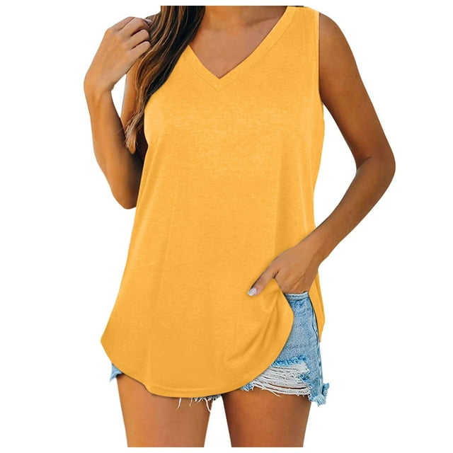 Tiweut Women's Blouses Solid Color Loose Fit Sleeveless V Neck Summer Lady T-Shirts Yellow
