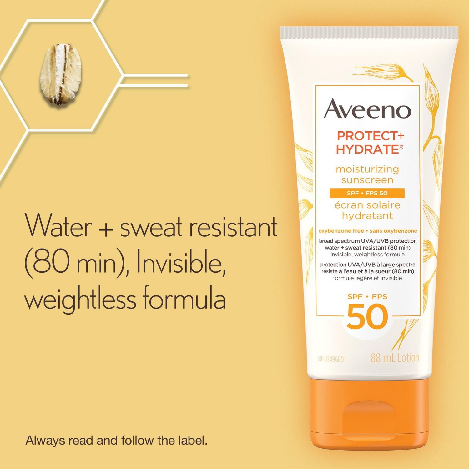 Écran solaire hydratant Aveeno Protect + Hydrate FPS 50 à large spectre et avoine prébiotique hydratante, légère, sans parabènes, sans huile et sans oxybenzone 88 ml