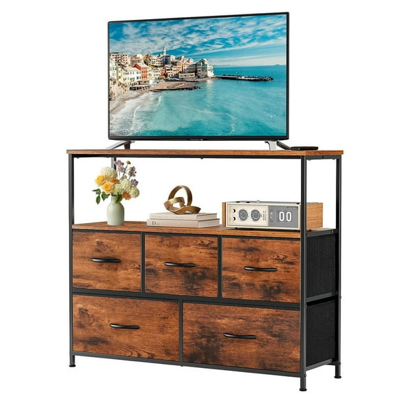 Sybels Modern TV Console with 5 Fabric Drawers for 45" TVs, Media Stand with Open Display Shelf, Minimalist Entertainment Center for Living Room & Bedroom, Rust