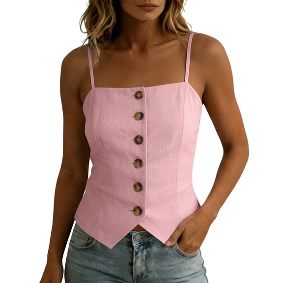 SHTXOZHI Womens Linen Tank Tops Spaghetti Strap Button Front Cropped Tees Square Neck Comfortable Casual Top