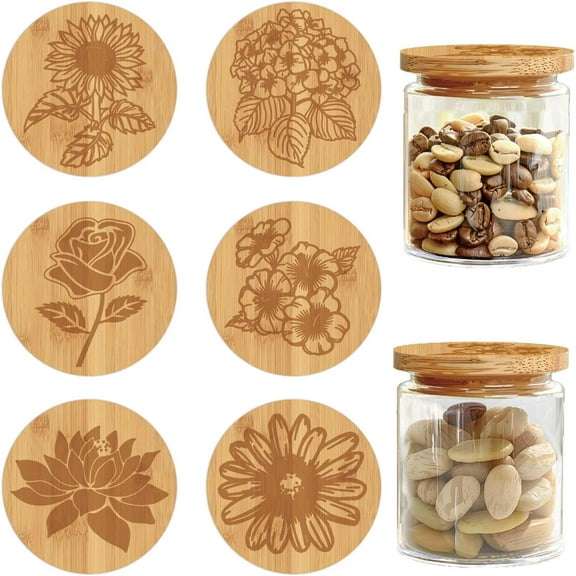 Yogurt Jar Bamboo Wood Lids Fit 2" Flower Sunflower Rose Canning Reusable Natural Wooden Decorative Caps with Airtight Sealing Silicone Rings 6Pc Bottle Round Flat Covers Set for Food Storage DIY