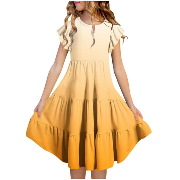 Spazoro Toddler Girls Tiered Dress, Floral Print Flutter Sleeve Casual Round Neck Princess Dresses for Child Girls Yellow Size 13 T