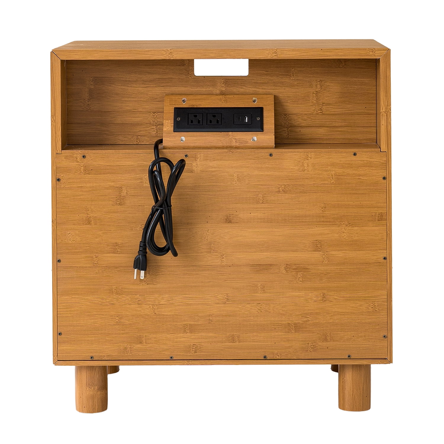 Nightstand with Charging Station&nbsp;featuring 2 Drawers with Decorative Mirror Fronts, Built-in 2 USB and 2 AC Outlets for Bedside Convenience, Solid MDF Construction in Natural Finish