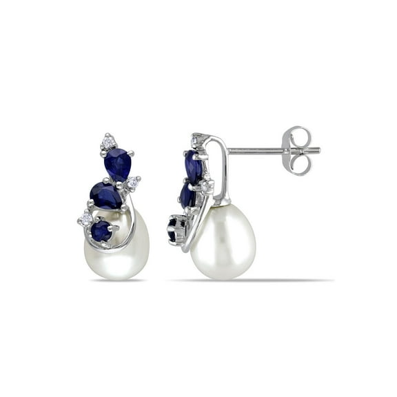 White Cultured Freshwater Pearl 7.5-8mm and Sapphire Earrings in 10k White Gold with Diamonds