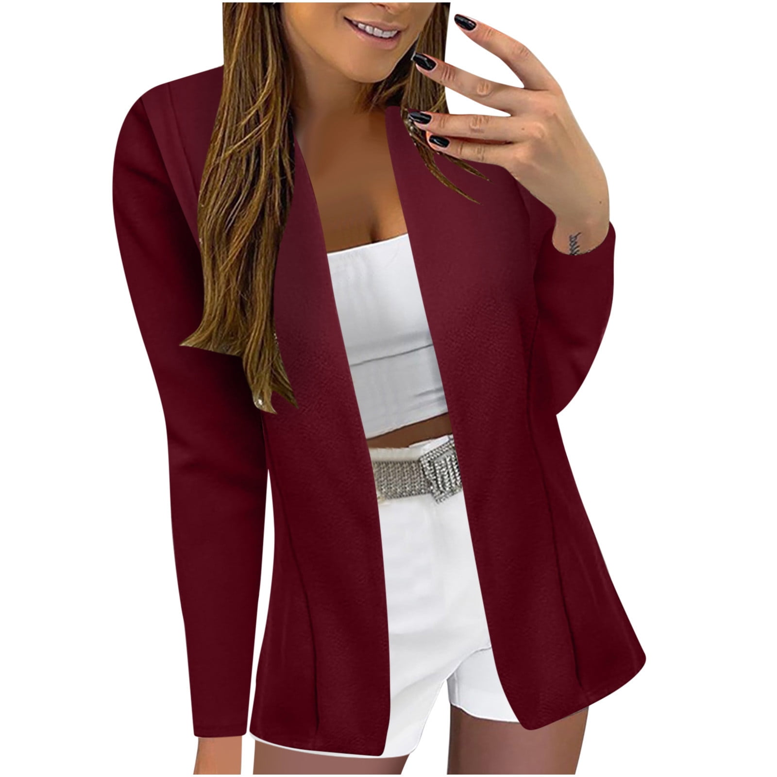 Kimloog Business Jacket Solid Coat Blazer Jackets for Women Women Blazers for Work Office Fitted Blazer Lightweight Cardigan Wine Medium, Women's, Red