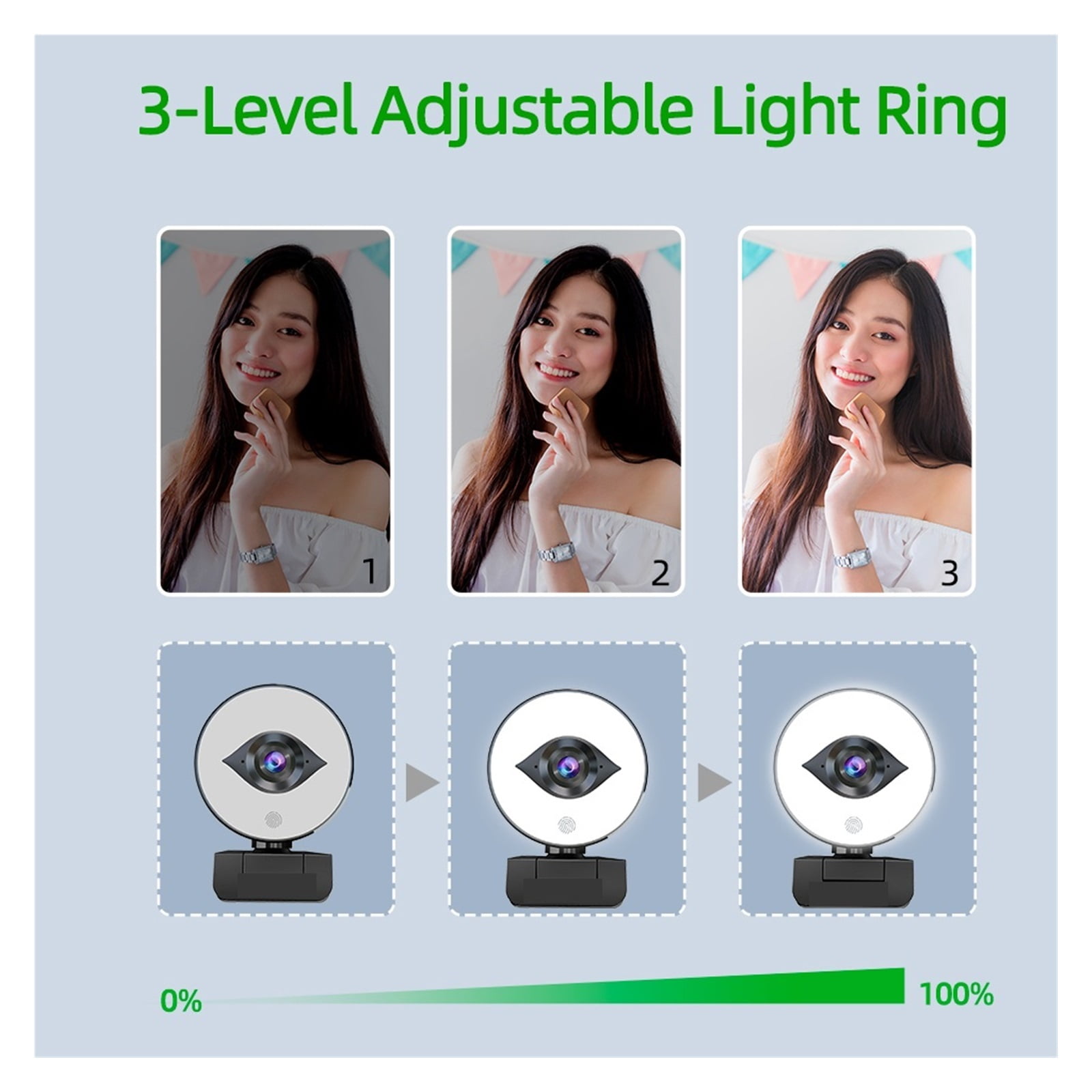 Webcam FHD 60FPS 1080P Webcam Live Streaming With Ring Light, USB Web Camera Autofocus 2 Stereo DSP For Conferencing ,HD Video
