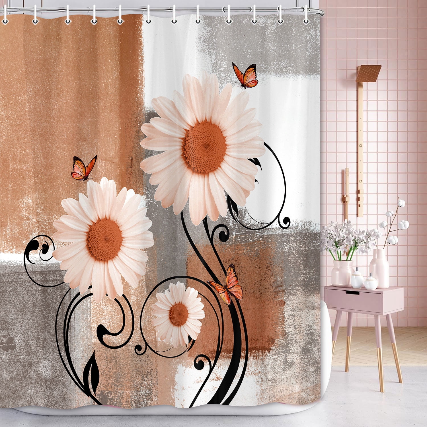 Rustic Farmhouse Shower Curtain,Farm Orange Daisy Floral Flowers and Butterfly on Country Wooden Shower Curtain for Bathroom,Orange Gray Shower Curtain with 12 Hooks,69X70in
