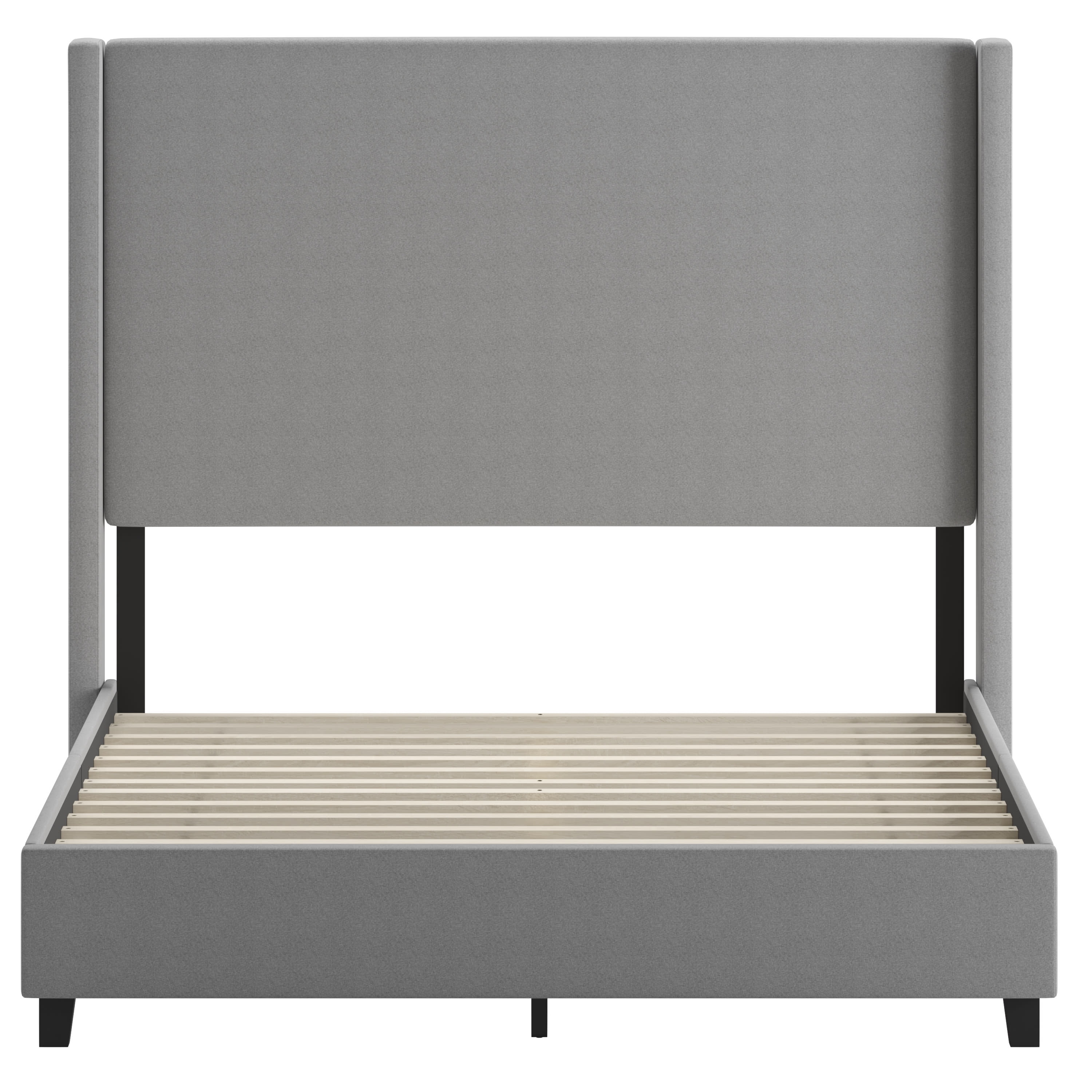 Merrick Lane Modern Queen Size Platform Bed Frame with Padded Faux Linen Upholstered Wingback Headboard and Wood Support Slats in Gray