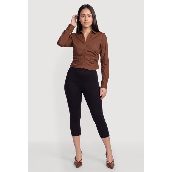 Women's Poplin Ruched Side Button Front Shirt
