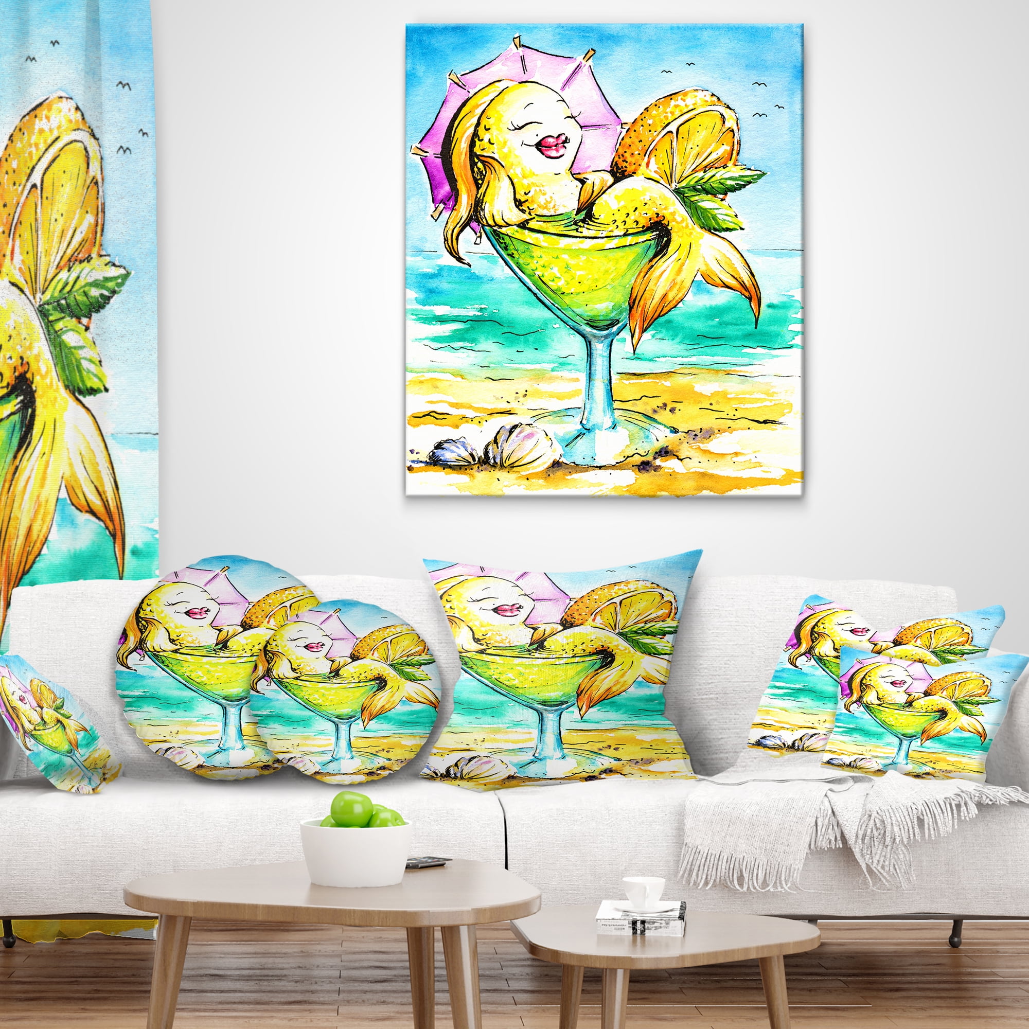 Designart Gold Fish Enjoying Holidays on Beach - Cartoon Animal Throw Pillow - 18x18