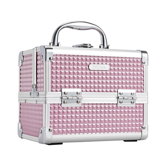 Joligrace Makeup Case Portable Box Travel Train Cosmetic Organizer with 2 trays Mirror Locking Make Up Storage Vanity Craft Nail Traveling for Girls Pink