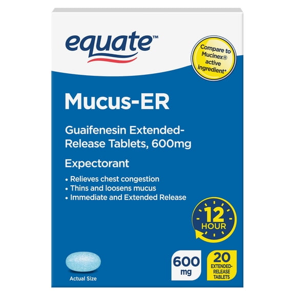 Equate Mucus and Chest Congestion Relief Guaifenesin Extended-Release Tablets, 600 mg, 12 Hour Expectorant, 20 Count