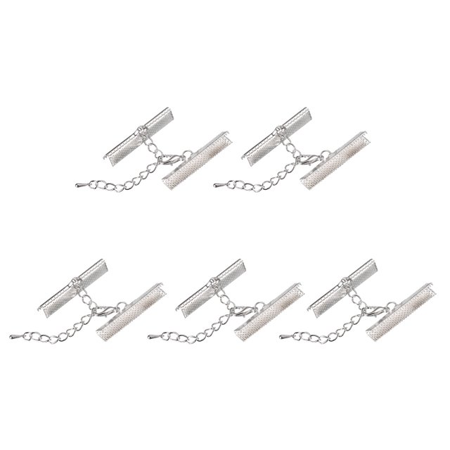 Unique Bargains 10Set Ribbon Crimp Clamp Ends Lobster Claw Clasps & Chain 35mm Silver Tone for DIY