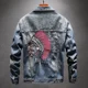 thumbnail image 3 of Chaqueta vaquera azul con botón bordado para hombre, chaqueta vaquera con letras para hombre, ropa vaquera de tela, moda elástica de bajo coste, lujo, 3 of 5