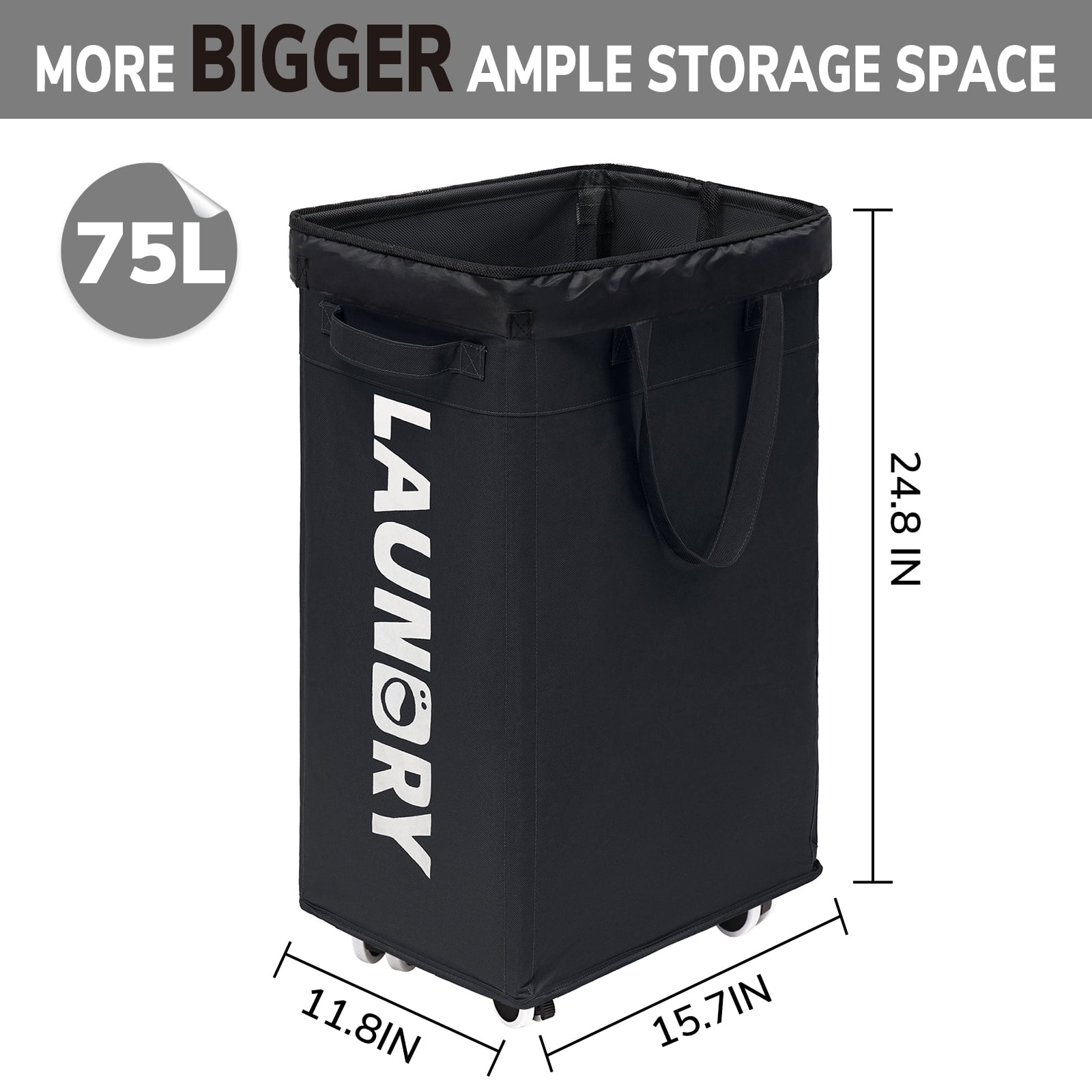 HiChen Laundry Hamper with Wheels, 75L Collapsible Rolling Laundry Basket with Removable Wash Bag, Foldable Clothes Organizer, Black