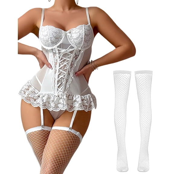 Ausing Garter Lingerie for Women Floral Lace Babydoll Bodysuit Bra and Panty Set with 1Pair Fishnet Stocking 3 Pieces