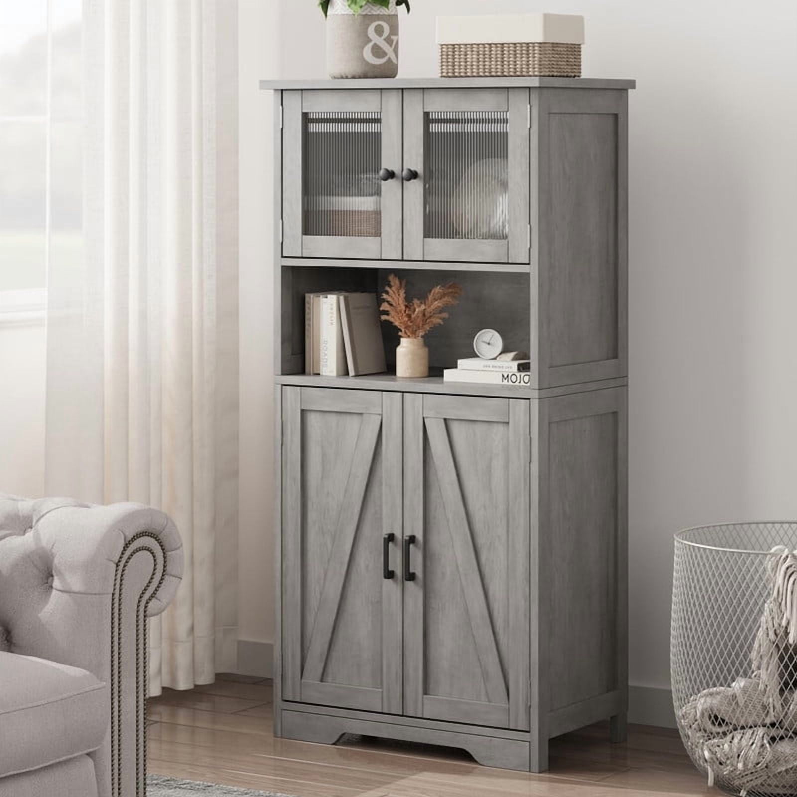 TROPOW Kitchen Pantry Cabinet, 50.4" Freestanding Storage Cabinet with Glass Doors and Adjustable Shelves, Wooden Cupboard, Large Floor Linen Cabinet for Bathroom, Living Room