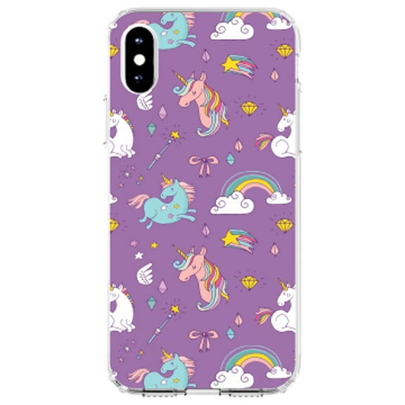 DistinctInk Clear Shockproof Hybrid Case for iPhone XS Max (6.5" Screen) - TPU Bumper, Acrylic Back, Tempered Glass Screen Protector - Unicorn Rainbow Wand Pattern - Purple