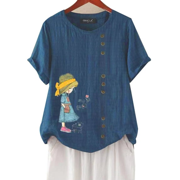 MYLookk Women Printed Round Neck Short Sleeve Tops T-shirt Blouse Summer